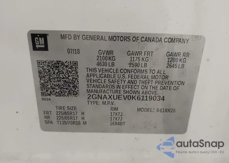 2019 Chevrolet Equinox Lt z USA, uszkodzony, nr VIN 2GNAXUEV0K6119034